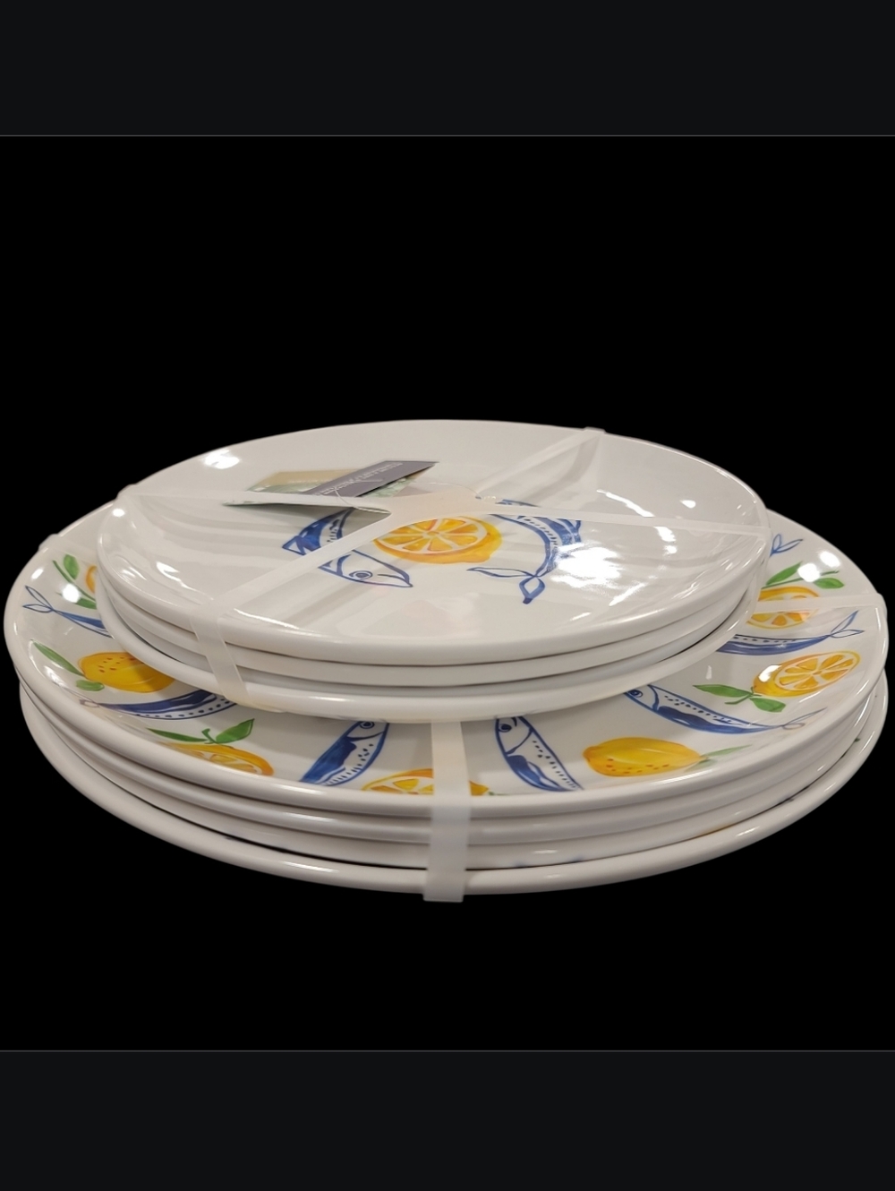 8 Tommy Bahama Sardine Lemon Blue Fish MELAMINE Dinner & Salad Plates Set New - Picture 7 of 8